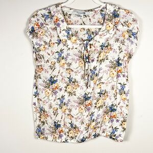 Multicolor floral bow tie peasant blouse with Peter Pan collar